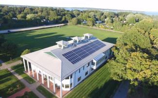 An aerial view of Rocky Hill School's rooftop solar display