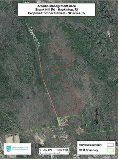 Aerial map showing the area of a forest health cut at Arcadia Managment Area