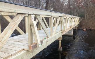 A rebuilt bridge over Arcadia's Roaring Brook