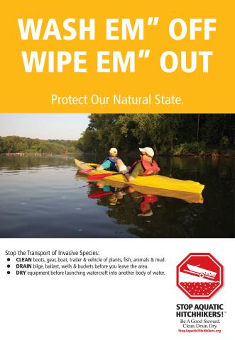 Stop Aquatic Hitchhiker Poster with "Wash em' Off. Wipe em' Out" headline