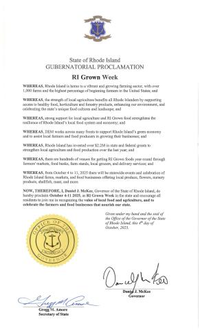 RI Grown Week Governor's Proclamation