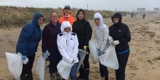 volunteers cleaning up the shoreline