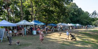 People walking past tents at an outdoor market