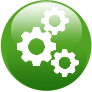 three white gears on green background