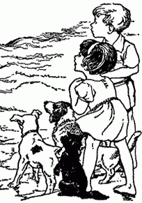 sketch of children and pets looking into distance