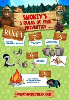 cartoon drawing with animals and trees highlight Smokey's 5 rules of fire prevention