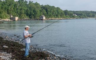 An angler stands on the shores of Narragansett Bay with a forested backdrop and calm blue waters in the distance
