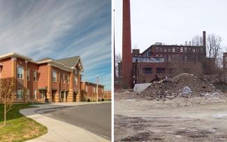 A before and after of Woonsocket’s former Hamlet Mills transformed into a school in 2010