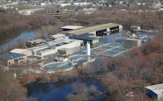 Aerial view of the flooded West Warwick Wastewater Treatment Facility during the Great Floods of 2010