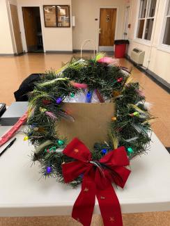 Holiday wreath decorated with fishing flies