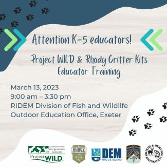 Text over a tan, blue, and white background with Project WILD, Rhody Critter Kits, RIDEM, and RIDEM Division of Fish and Wildlife logos. 