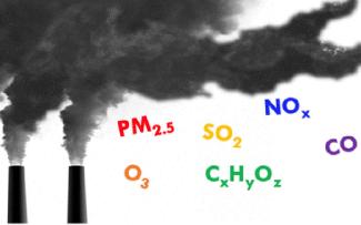 A black and white photo of smoke stacks with the scientific names of common air particulates in colorful type
