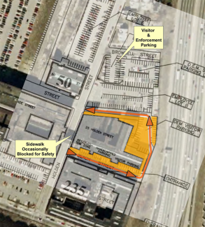 Aerial view of parking areas at the Foundry complex in Providence