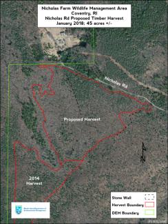 Aerial map showing the area of a forest health cut at Nicholas Farm Management Area