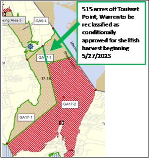 Map of shellfish harvest area - 515 acres off Touisset Point, Wattern to be reclassified as conditionally approved for harvest beginning 5/27/2023