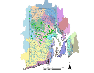 Colorful map of Rhode Island that shows locations of watershed monitoring activities