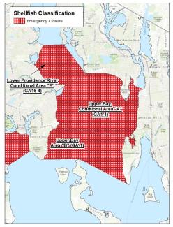 Shellfish map of closure areas for Monday, July 17