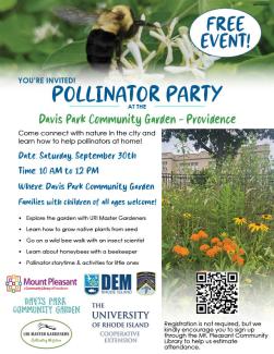 A poster for the Pollinator Party event, featuring a bumblebee and the Davis Park Community Garden.
