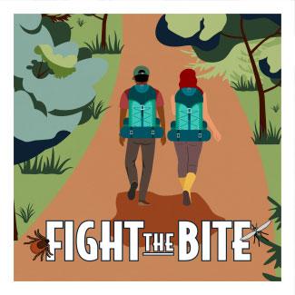 Illustration of hikers walking a forested trail with the words "Fight the Bite"
