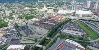 An aerial view of Providence that shows how the interstate physically divides the city 
