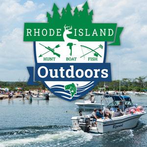 Rhode Island Outdoors logo on a photo of boaters at Charlestown Breachway