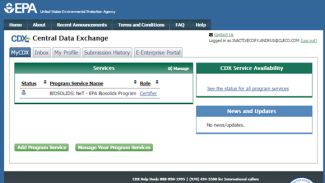 Screenshot of screen in EPA CDX program