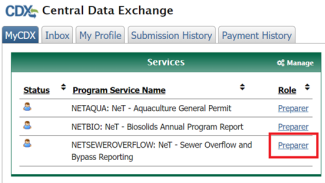 Screenshot of webscreen in EPA's CDX program