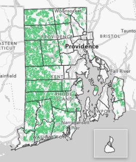 Map of Rhode Island with green shaded areas to signify core forested areas