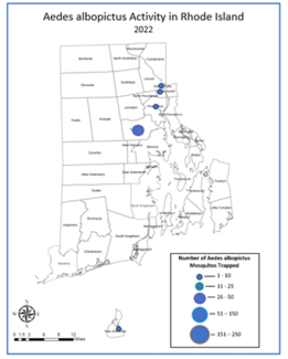 Map of Rhode Island with indicators where Asian Tiger Mosquito was found in 2022