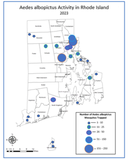 Map of Rhode Island with indicators where Asian Tiger Mosquito was found in 2023