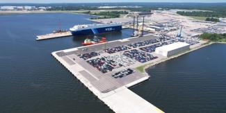 Quonset’s Port of Davisville aerial visual of upgrades for the new Terminal Five Pier which accommodates existing import cargo and offshore wind projects.