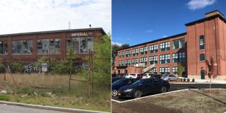 Before and after of the former Imperial Knife Factory at 60 King Street in Providence that used grant awards from the 2016 green bond