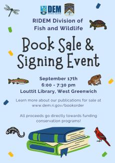 A poster for the RIDEM Division of Fish and Wildlife book signing event with illustrations of books and wildlife.