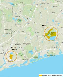 A map showing the larvicide treatment areas highlighted in yellow.
