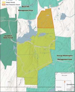 A map showing the 942.11 acre parcel of forested land in Burrillville and surrounding areas.