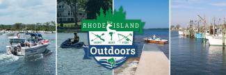 Photos of various boat types with the Rhode Island Outdoors logo