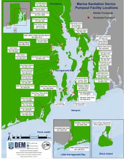 Map showing locations of marine pump out stations in Rhode Island