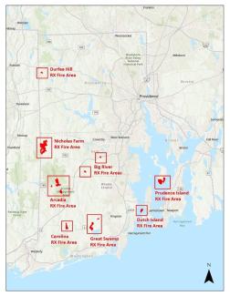 Aerial map of locations identified as prescribed burn areas in 2025