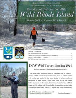 Cover of the Wild RI Journal with a person wearing orange walking a dog in a snowy forest
