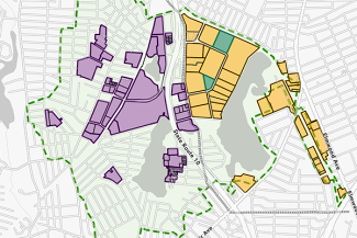 An ArcGIS map of the Mashapaug Pond with property parcels hightlighted.