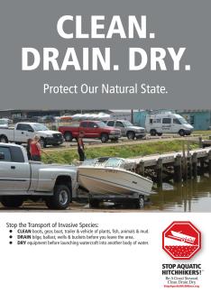Invasive aquatic plant poster: "Clean Drain Dry"