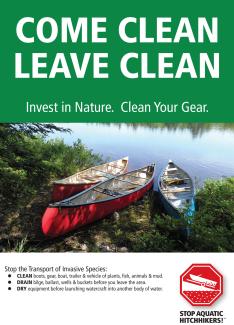 Poster for preventing invasive aquatic plants that says "Come Clean Leave Clean"