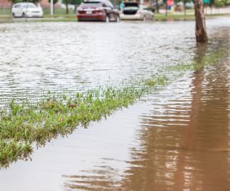 Flooded city street with cars stuck in the water