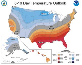 Map of the United States of America with temperature outlook color code