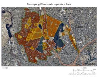 Aerial view of the Mashapaug watershed with impervious surface highlighted