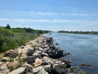 Rocky shoreline along the Quonochontaug Breachway in Charlestown