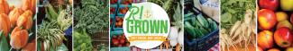 RI Grown logo surrounded by locally grown foods and flowers
