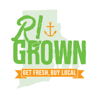 RI Grown logo with green lettering on an outline of the state, a yellow anchor with a fork and spoon, and a banner that says "Get Fresh, Buy Local"