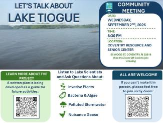 Graphic showing meeting information for the Tiogue Lake Management Plan Community eeting